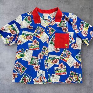 The American Collection Vtg 80s Hawaiian Stamp Button Front Shirt Blue Red 20